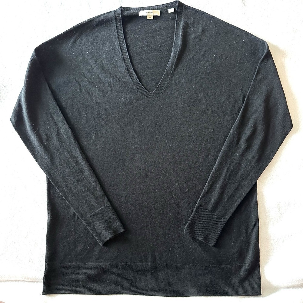 Vince S Small Wool Cashmere‎ Tunic V-neck Sweater Ultra Fine Knit Black Drop